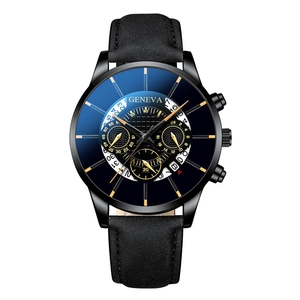 Business quartz watch for men with black matte leather strap and blue gradient dial