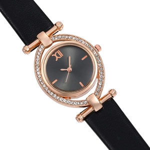 Montre femme élégante avec lunette en cristal rose doré, cadran gris et bracelet en cuir