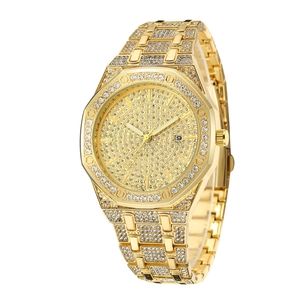 Detailed side view of luxury gold watch featuring full rhinestone paving and date display