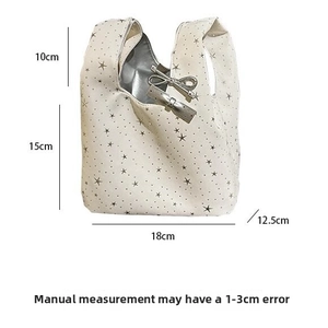 Detailed dimension guide for star pattern tote bag showing height width and depth