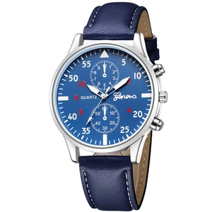 Detailed 45-degree angle of a slim quartz watch with blue leather strap and dual-dial face