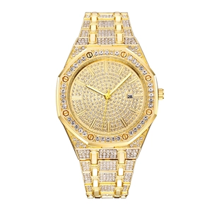 Luxury Iced Out Rhinestone Quartz Watch Octagonal Bezel Date Calendar Hip Hop Fashion Alloy Metal Link Strap For Women