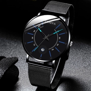 Detail of minimalist black quartz watch dial with date window and mesh band strap