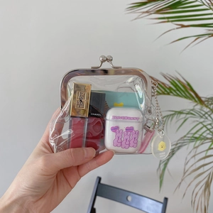 Detail view of transparent PVC mini coin purse with silver metal clasp and keychain