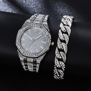 Luxury silver-tone iced out watch and Cuban link bracelet set with crystals