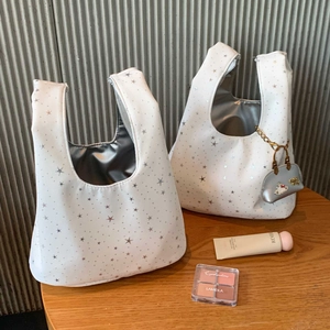 Minimalist star polka dot canvas tote bag set with silver lining and hanging charm