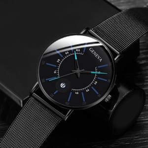Close-up of Geneva black quartz watch with mesh strap and unique minimalist dial details