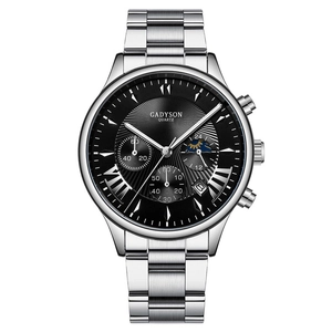 Détail du cadran noir d'une montre d'affaires GADYSON avec calendrier et sous-cadrans