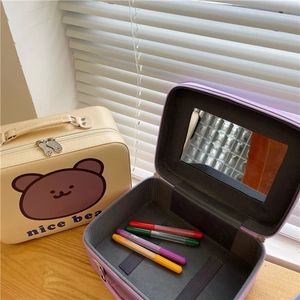 Cute bear cream portable vanity case with large capacity and mirror for travel use