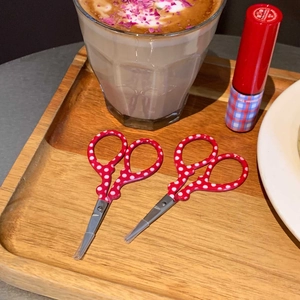 Close-up of portable stainless steel scissors with red polka dot handles and safety round tips