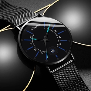 Detail of minimalist men's quartz watch with black mesh strap and date display on dial