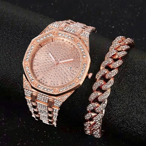 Luxury rose gold octagonal watch with iced out Cuban bracelet set for men and women