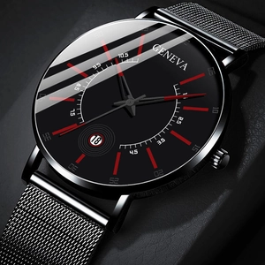 Minimalist black mesh band quartz watch for men featuring a red accent wormhole dial concept