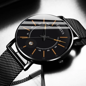 Sleek all-black men's quartz watch with orange hour markers and a metal mesh strap