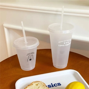 Frosted plastic bear cups with straws showing matte texture and cute printed graphics