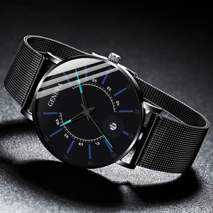 Minimalist black stainless steel mesh watch with blue indices and date window