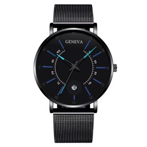 Minimalist black quartz watch with Milanese mesh strap and blue markers featuring calendar