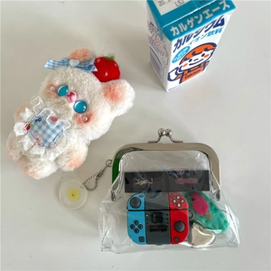 Clear PVC mini pouch showing storage for lipstick and wireless earphones