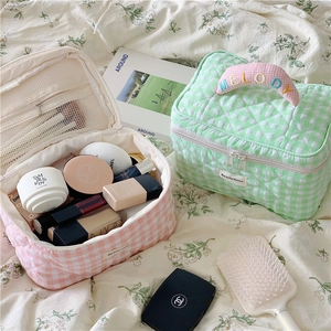 Gingham Quilted Cotton Makeup Bag Large Capacity Portable Travel Toiletries Organizer Pouch Case For Women Girls