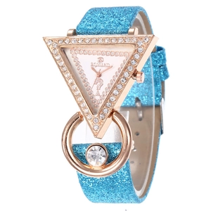 Luxuriöse Quarzuhr mit Strass-Dreieck und blaugrünem Glitzerarmband für Damen