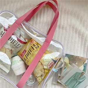 Transparent PVC beach tote bag with pink straps and large capacity for summer travel