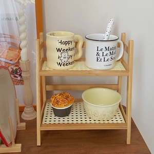 Minimalist double-tier cream rattan desktop organizer rack with wooden texture and non-slip mats