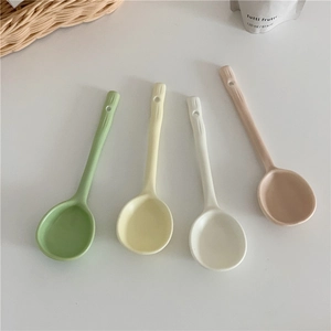 Ceramic Soup Spoon Long Handle With Hanging Hole Irregular Dessert Spoons Macaron Colors Matte Texture Home Kitchen