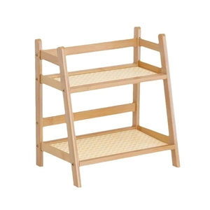 Minimalist 2-tier bamboo storage rack with woven rattan shelves in a natural finish