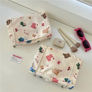 Cute doodle bear cosmetic bag set in cream canvas with detachable mesh pouch
