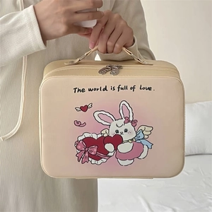 Detail view of the cream bear cosmetic bag showing premium leather and double zipper design