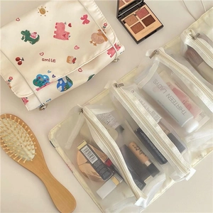 Three-fold makeup bag with cute cartoon animals and multiple interior mesh zip pockets