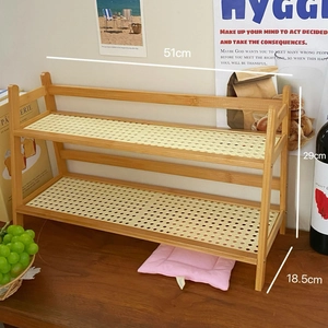 Two-tier cream bamboo desk organizer shelf with cream perforated trays 51x29x18.5cm