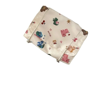 Cute doodle bear cosmetic bag in off-white satin fabric with cartoon animal patterns