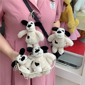 Pendentif porte-clés dalmatien en peluche douce avec taches noires pour sac