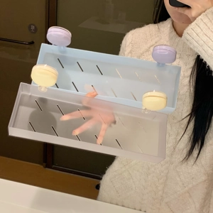 Adhesive bathroom storage rack set with drainage slots in matte blue and clear finishes