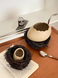 Detail of creative eggshell ceramic bowl nested in a twig base for desserts