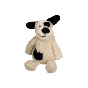 Mignon porte-clés chien en peluche noir et blanc au design assis et pelage doux