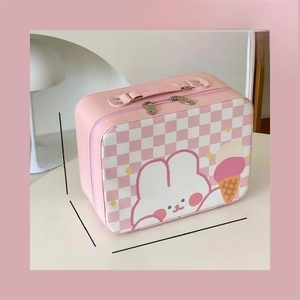 Pink checkered makeup bag with rabbit prints and 24x18x11cm dimensions display