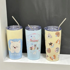 Stainless Steel Insulated Tumbler With Straw Cartoon Puppy Pattern Portable Vacuum Water Bottle Aesthetic Coffee Cup
