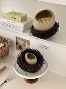 Creative eggshell ceramic bowl nested in a rustic twig base for dessert display