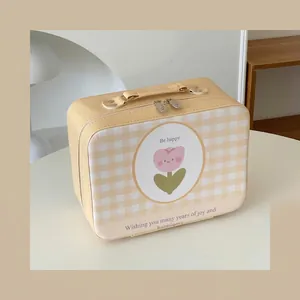 Yellow plaid makeup bag with tulip print and handle, dimensions 24cm x 11cm x 18cm
