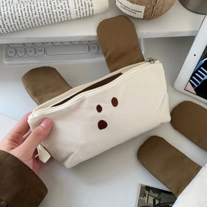 Cute puppy design canvas pencil case with large capacity and cartoon dog ears
