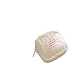 Quilted off-white square cosmetic pouch for lipsticks and earphones with zipper closure