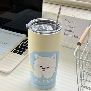 Puppy pattern stainless steel insulated cup with straw and lid in blue and yellow