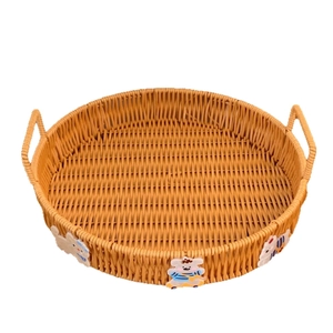 Woven storage basket with handles and cute bear design for desktop snacks and fruit