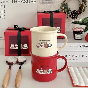 Christmas ceramic mug gift set featuring cute bears and snowmen in red and cream white