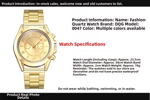 Detailed specs showing dimensions of gold quartz watch with 38mm dial and steel strap