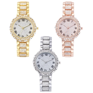 Luxury women quartz watch with floral rhinestone bezel and roman numerals in three colors