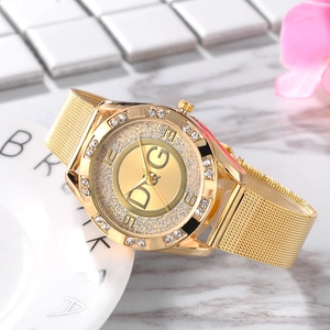 Women's gold mesh watch with sparkling DG logo dial and crystal-encrusted bezel decoration