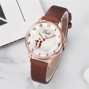 Elegant women's watch with rose gold case, brown leather strap and heart dial detail